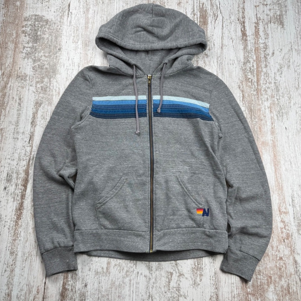 Aviator Nation Heather Gray 5 Blue Striped Zip Up Hoodie Sweatshirt Size Medium